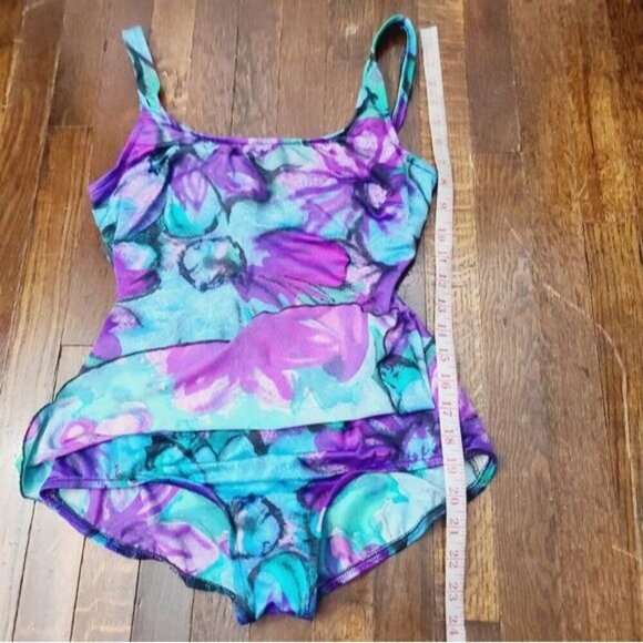 Vintage 80s 90s Jantzen Abstract Watercolor Purple Skirted One Piece Swimsuit - Picture 12 of 15